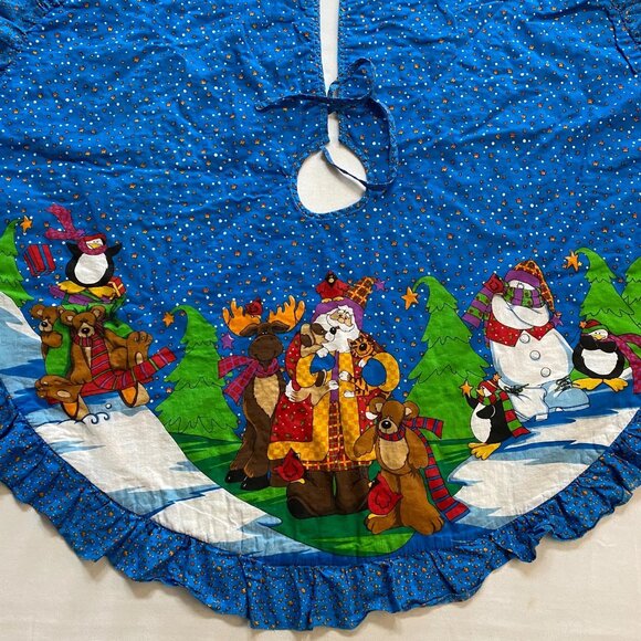 Quilted Christmas Tree Skirt Holiday Decoration Xmas Decor Santa and Animals - Picture 2 of 6